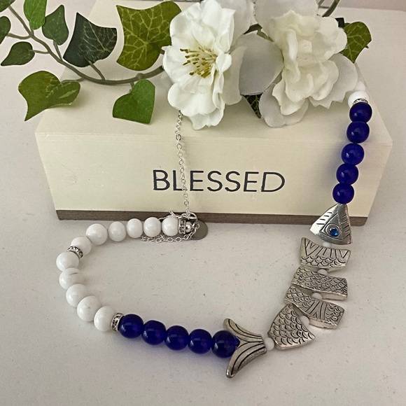 Silver Fish Necklace. Blue & White Glass Beads. Length can be Adjusted to Fit. - Picture 8 of 8